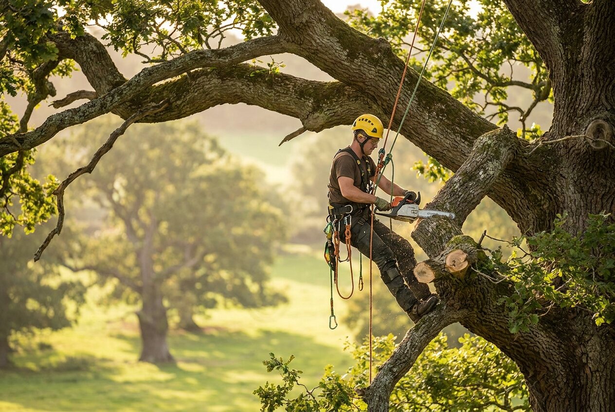 Landywood arborist climbing and pruning a mature oak