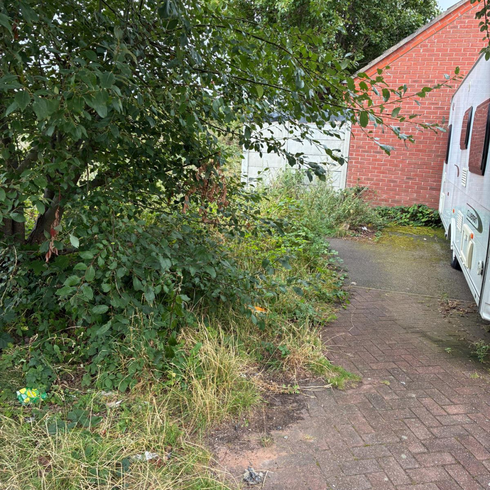 Overgrown cut-through before Landywood clearance and fencing