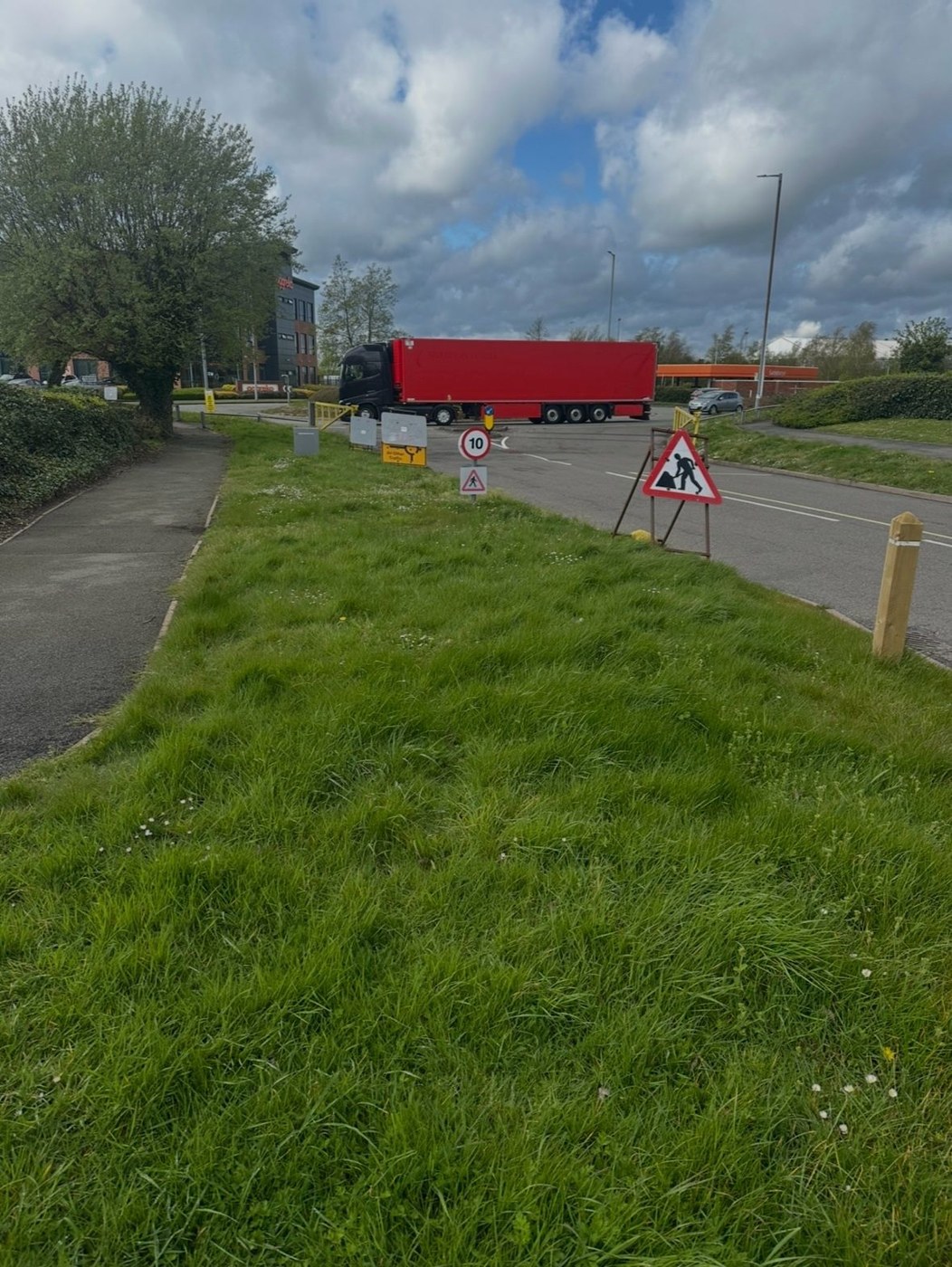Longer grass beside a commercial site access road before cutting
