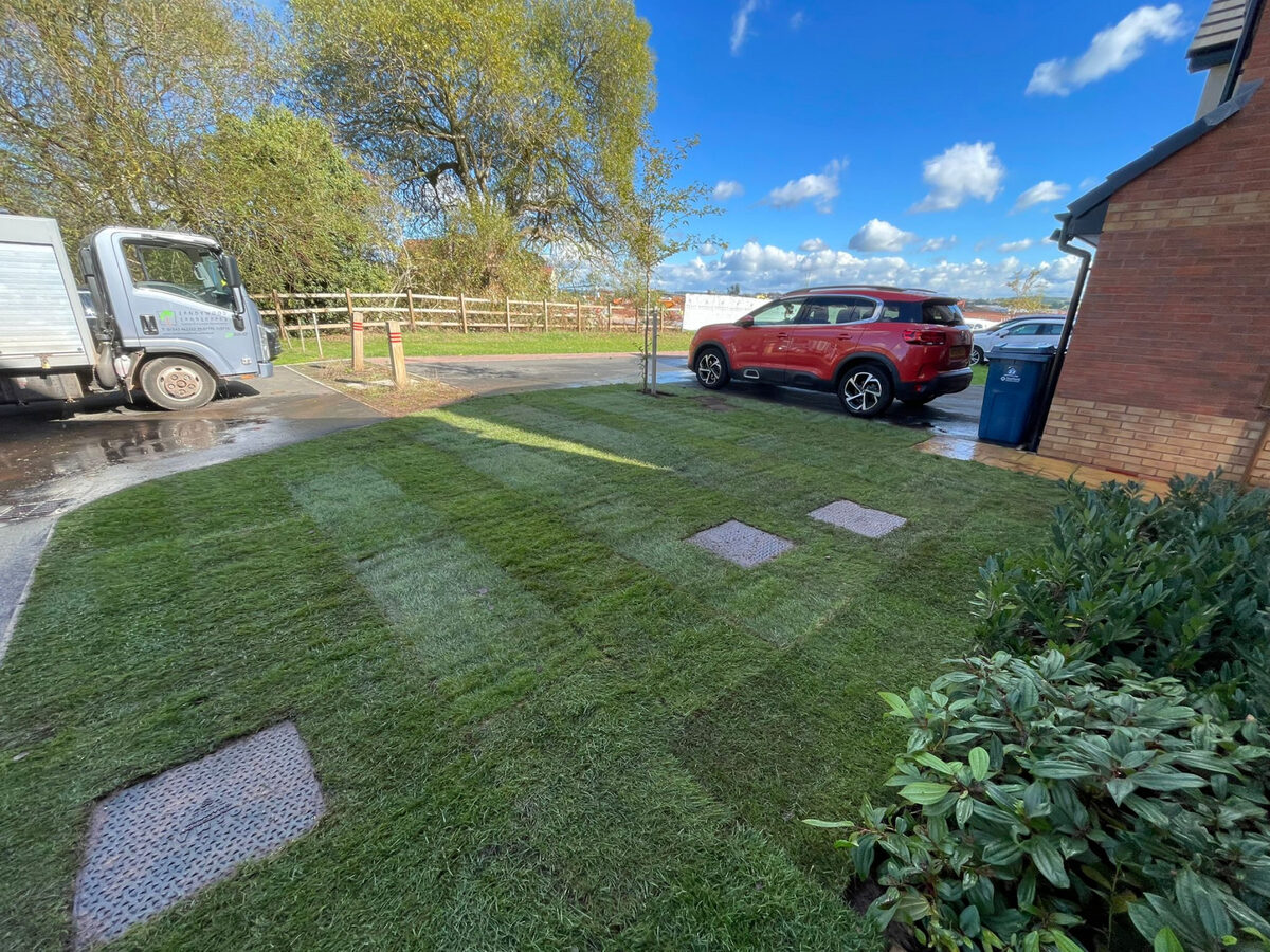 Striped commercial lawn maintained by Landywood